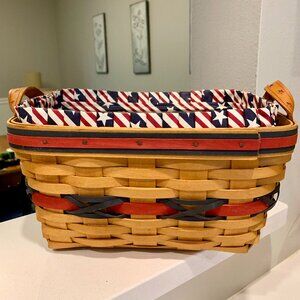 Vintage Handmade Longaberger Basket with Patriotic Liner and Cutlery Divider